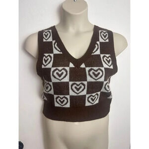 brown checker knit vest heart pattern womens size XL  #0962
